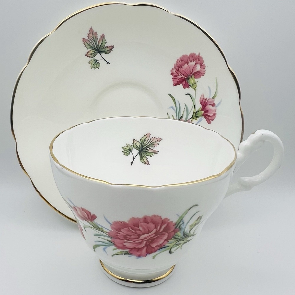 Regency Teacup Saucer Bone China Pink Carnation Floral Gold Trim Vintage Set
